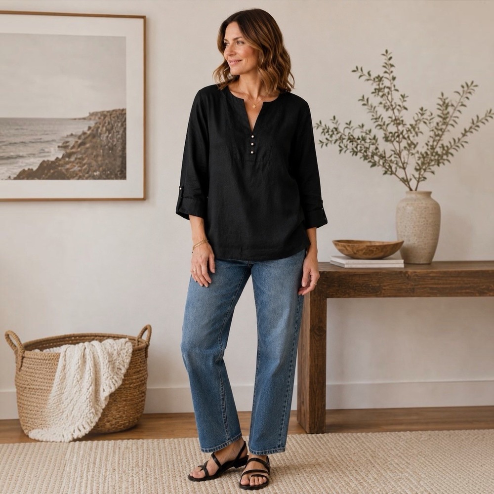 Hot Cotton 100% Linen Black Tunic Blouse L Lagenlook Roll Tab Sleeve